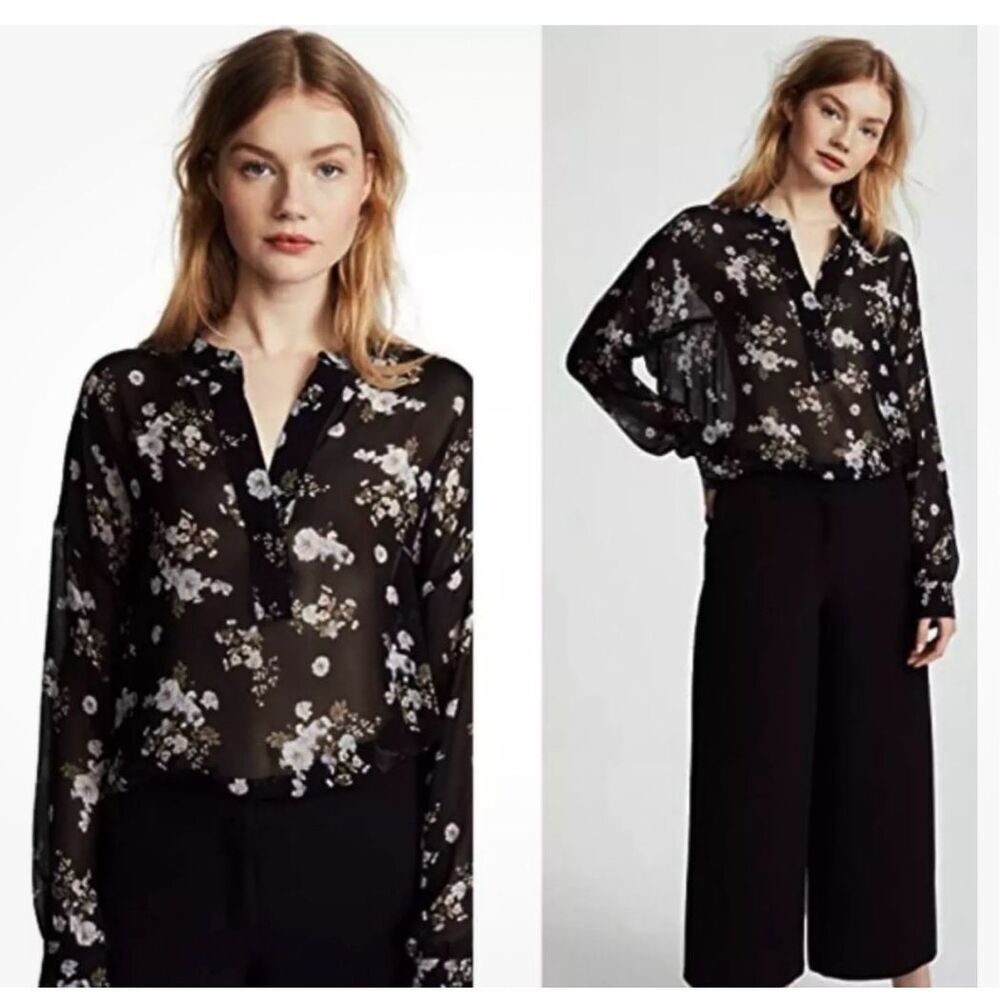 Vince Size Small “Tossed Floral” Sheer Shirred Silk‎ Chiffon Blouse Romantic